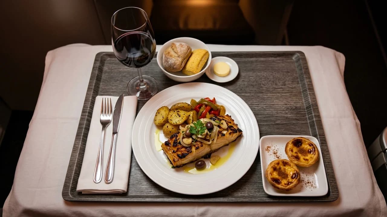 Portuguese wine and seafood dish served in business class