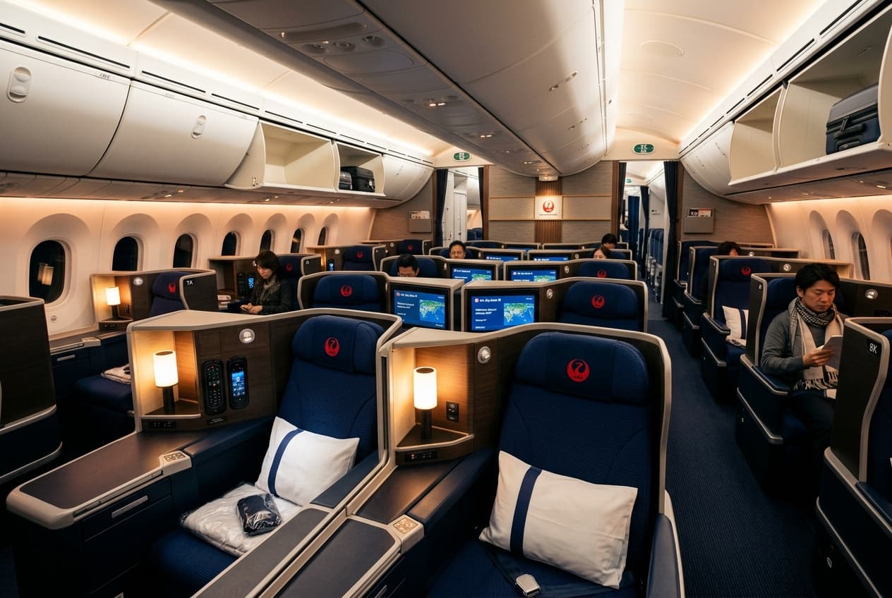 Japan Airlines 787 Sky Suite business class cabin