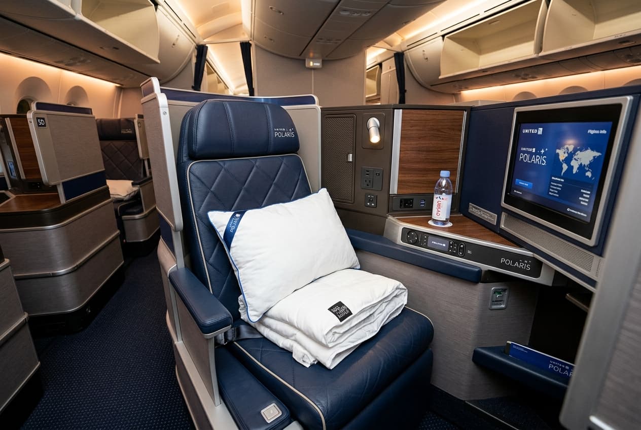 United Airlines Polaris business class seat with Saks Fifth Avenue bedding