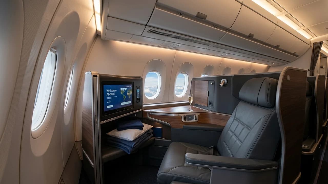 ITA Airways business class cabin with lie-flat suite and premium amenities