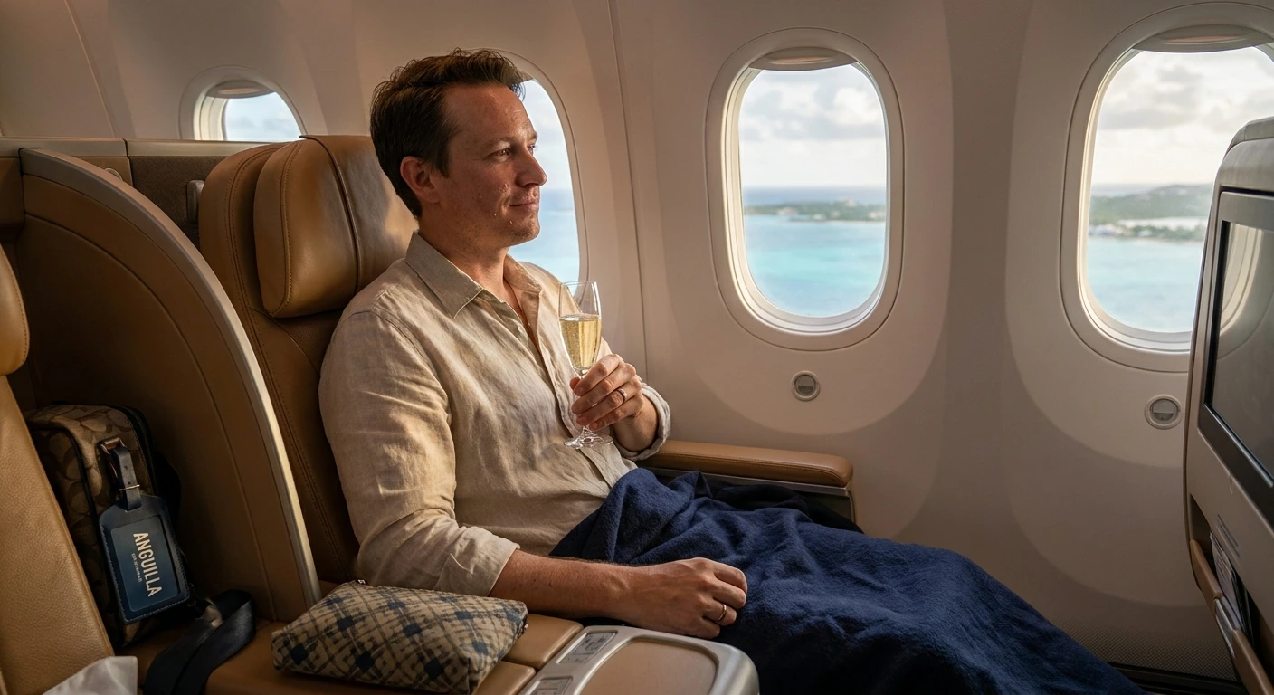 Lie-flat business class cabin with premium amenities on a Caribbean-bound flight