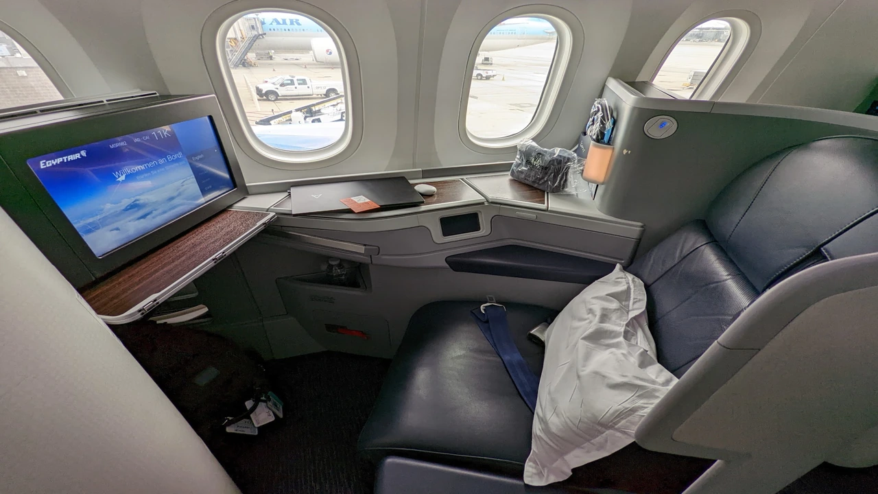 EgyptAir business class seat — premium cabin on flights to Cairo