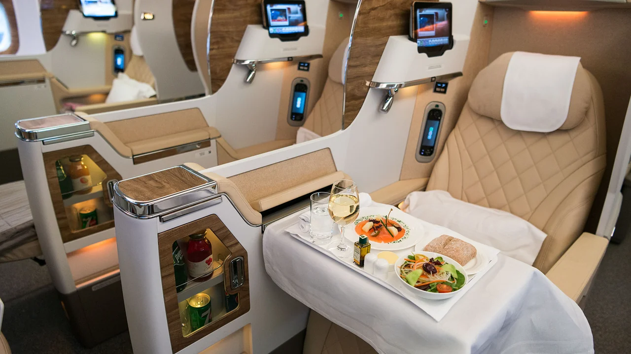 Emirates business class seat — premium cabin on flights to Zakynthos